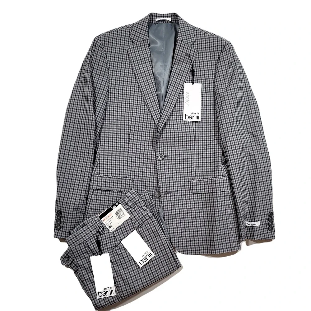 Bar III Slim Fit Suit Mens 38R 38 2 Piece Pants 28x30 Grey Check $395‎ NEW